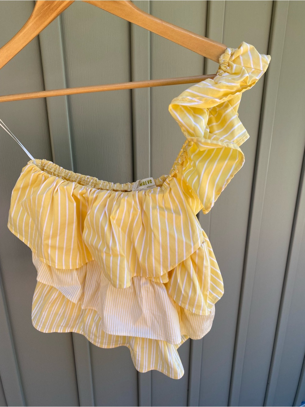 ANTHROPOLOGIE MAEVE Striped ruffled one shoulder top yellow and white small